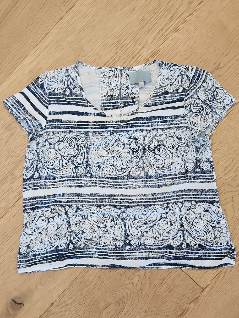 Skies Are Blue Navy and White Paisley Stripe Short Sleeve Top